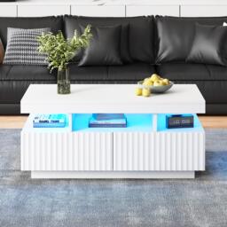 Modern Coffee Table with App-Controlled LED and Two Ribbed Drawers, Sleek Unit with Open Display Shelf, 100L x 50W x 45H cm, White - Aosom UK - thumbnail 1