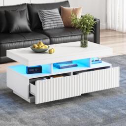 Modern Coffee Table with App-Controlled LED and Two Ribbed Drawers, Sleek Unit with Open Display Shelf, 100L x 50W x 45H cm, White - Aosom UK - thumbnail 8