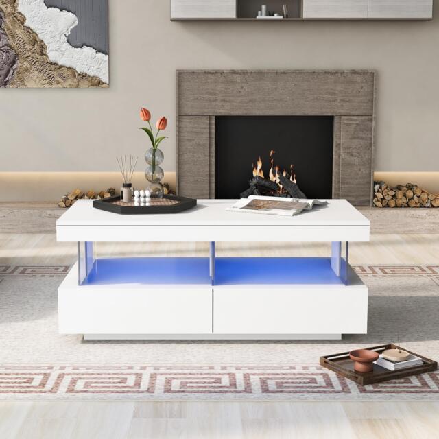 High-Gloss LED Coffee Table with App-Controlled Lights, Modern Center Table with Sleek Contemporary Design, 100L x 60W x 49.5H cm, White - Aosom UK