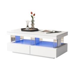 High-Gloss LED Coffee Table with App-Controlled Lights, Modern Center Table with Sleek Contemporary Design, 100L x 60W x 49.5H cm, White - Aosom UK - thumbnail 2