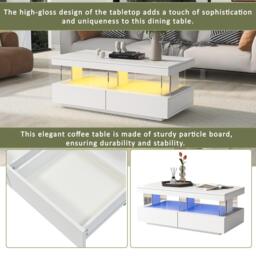 High-Gloss LED Coffee Table with App-Controlled Lights, Modern Center Table with Sleek Contemporary Design, 100L x 60W x 49.5H cm, White - Aosom UK - thumbnail 7