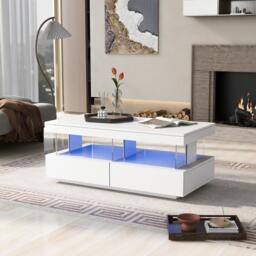 High-Gloss LED Coffee Table with App-Controlled Lights, Modern Center Table with Sleek Contemporary Design, 100L x 60W x 49.5H cm, White - Aosom UK - thumbnail 8
