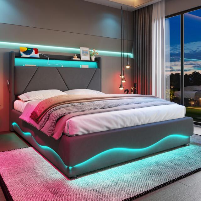 King Size Ottoman Bed Frame with 16 Color Led Lighting, Double Storage Bed with Soft Velvet Fabric, Dark Gray - Aosom UK - image 1