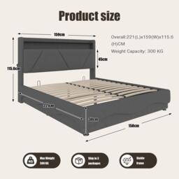 King Size Ottoman Bed Frame with 16 Color Led Lighting, Double Storage Bed with Soft Velvet Fabric, Dark Gray - Aosom UK - thumbnail 3