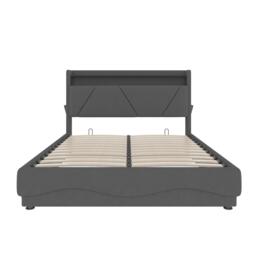 King Size Ottoman Bed Frame with 16 Color Led Lighting, Double Storage Bed with Soft Velvet Fabric, Dark Gray - Aosom UK - thumbnail 2