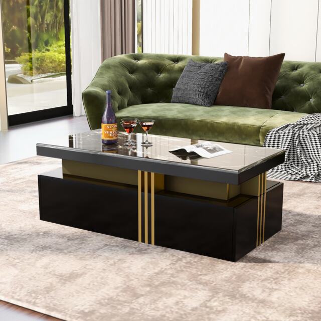Modern Rectangular Coffee Table with Marble Veneer Top and 2 Wooden Drawers, Table in Trendy Design for Living Room, 100x50x40 cm, Black - Aosom UK - image 1