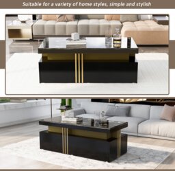 Modern Rectangular Coffee Table with Marble Veneer Top and 2 Wooden Drawers, Table in Trendy Design for Living Room, 100x50x40 cm, Black - Aosom UK - thumbnail 4