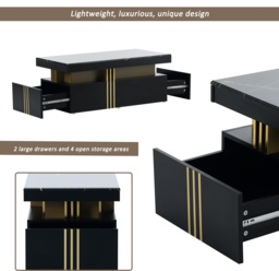 Modern Rectangular Coffee Table with Marble Veneer Top and 2 Wooden Drawers, Table in Trendy Design for Living Room, 100x50x40 cm, Black - Aosom UK - thumbnail 7