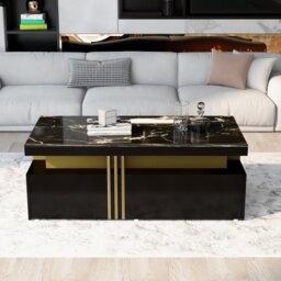 Modern Rectangular Coffee Table with Marble Veneer Top and 2 Wooden Drawers, Table in Trendy Design for Living Room, 100x50x40 cm, Black - Aosom UK - thumbnail 8