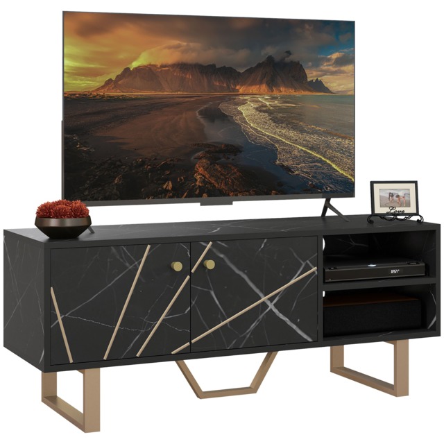 HOMCOM TV Cabinet with Storaget with Storage Shelves and Cupboard for Living Room, TV Unit for TVs up to 50 Inches, Black Marble Tone - Aosom UK - image 1