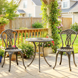 Outsunny Outdoor Bistro Set for 2 Cast Aluminium Patio Furniture with Round Table Umbrella Hole Brown - thumbnail 9