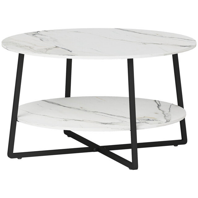 HOMCOM 2-Tier Round Coffee Table with Storage Shelf, Living Room Table with Marble Effect Top and Steel Frame, White - Aosom UK - image 1