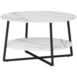 HOMCOM 2-Tier Round Coffee Table with Storage Shelf, Living Room Table with Marble Effect Top and Steel Frame, White - Aosom UK