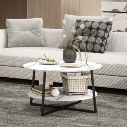 HOMCOM 2-Tier Round Coffee Table with Storage Shelf, Living Room Table with Marble Effect Top and Steel Frame, White - Aosom UK - thumbnail 9