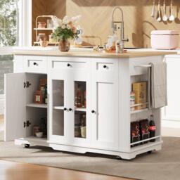 Modern Kitchen Island and Serving Trolley with MDF Worktop, Extendable Fold‑out Dining Table with Drawer, 151.5L x 60W x 91.5H cm, White - Aosom UK - thumbnail 6