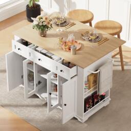 Modern Kitchen Island and Serving Trolley with MDF Worktop, Extendable Fold‑out Dining Table with Drawer, 151.5L x 60W x 91.5H cm, White - Aosom UK - thumbnail 5
