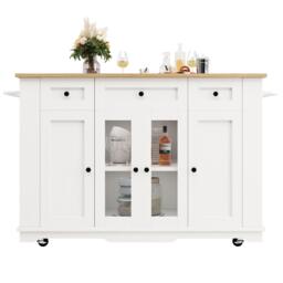 Modern Kitchen Island and Serving Trolley with MDF Worktop, Extendable Fold‑out Dining Table with Drawer, 151.5L x 60W x 91.5H cm, White - Aosom UK - thumbnail 2