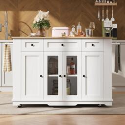 Modern Kitchen Island and Serving Trolley with MDF Worktop, Extendable Fold‑out Dining Table with Drawer, 151.5L x 60W x 91.5H cm, White - Aosom UK - thumbnail 1