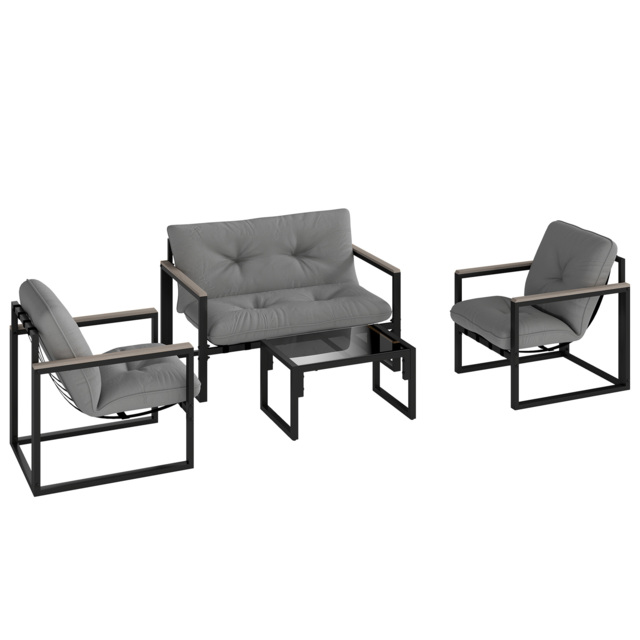 Outsunny Garden Furniture Set, 4 Piece Indoor Outdoor Conservatory with Loveseat Sofa, Armchairs, Glass Top Coffee Table, Cushions for Balcony, Poolside, Patio, Dark Grey - image 1