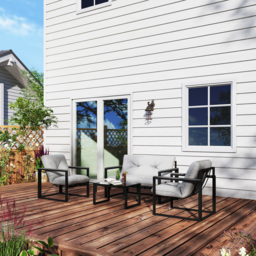 Outsunny Garden Furniture Set, 4 Piece Indoor Outdoor Conservatory with Loveseat Sofa, Armchairs, Glass Top Coffee Table, Cushions for Balcony, Poolside, Patio, Dark Grey - thumbnail 2
