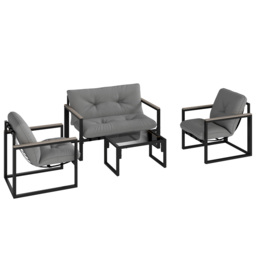 Outsunny Garden Furniture Set, 4 Piece Indoor Outdoor Conservatory with Loveseat Sofa, Armchairs, Glass Top Coffee Table, Cushions for Balcony, Poolside, Patio, Dark Grey - thumbnail 1