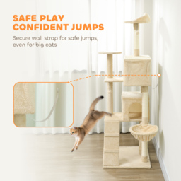 PawHut 180cm Large Cat Tree Tower with Sisal Scratching Posts, Condos, Plush Perches, Hammock, Ladder, Beige - thumbnail 6