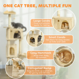 PawHut 180cm Large Cat Tree Tower with Sisal Scratching Posts, Condos, Plush Perches, Hammock, Ladder, Beige - thumbnail 4