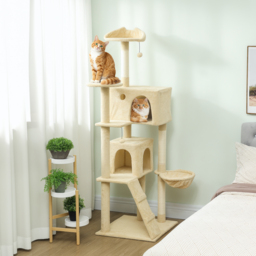 PawHut 180cm Large Cat Tree Tower with Sisal Scratching Posts, Condos, Plush Perches, Hammock, Ladder, Beige - thumbnail 2