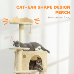 PawHut 180cm Large Cat Tree Tower with Sisal Scratching Posts, Condos, Plush Perches, Hammock, Ladder, Beige - thumbnail 5