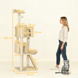 PawHut 180cm Large Cat Tree Tower with Sisal Scratching Posts, Condos, Plush Perches, Hammock, Ladder, Beige - thumbnail 3