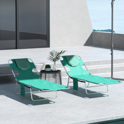 Outsunny Foldable Sun Lounger Set of 2 w/ Reading Hole, Portable Sun Lounger w/ 5 Level Adjustable Backrest, Reclining Lounge Chair w/ Side - Aosom UK - thumbnail 2