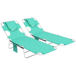 Outsunny Foldable Sun Lounger Set of 2 w/ Reading Hole, Portable Sun Lounger w/ 5 Level Adjustable Backrest, Reclining Lounge Chair w/ Side - Aosom UK