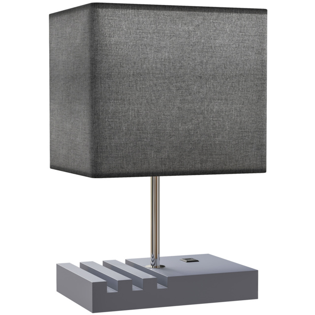 HOMCOM Bedside Lamp with USB A+C Charging Ports and 3 Phone Stands, Modern Table Lamp with Solid Wood Base and Fabric Shade for Bedroom Living Room Office, E27 Socket, Bulb Not Included, Grey - image 1