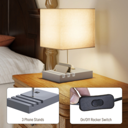 HOMCOM Bedside Lamp with USB A+C Charging Ports and 3 Phone Stands, Modern Table Lamp with Solid Wood Base and Fabric Shade for Bedroom Living Room Office, E27 Socket, Bulb Not Included, Grey - thumbnail 5