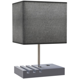 HOMCOM Bedside Lamp with USB A+C Charging Ports and 3 Phone Stands, Modern Table Lamp with Solid Wood Base and Fabric Shade for Bedroom Living Room Office, E27 Socket, Bulb Not Included, Grey - thumbnail 1