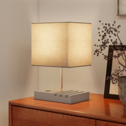 HOMCOM Bedside Lamp with USB A+C Charging Ports and 3 Phone Stands, Modern Table Lamp with Solid Wood Base and Fabric Shade for Bedroom Living Room Office, E27 Socket, Bulb Not Included, Grey - thumbnail 7