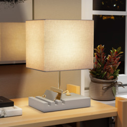 HOMCOM Bedside Lamp with USB A+C Charging Ports and 3 Phone Stands, Modern Table Lamp with Solid Wood Base and Fabric Shade for Bedroom Living Room Office, E27 Socket, Bulb Not Included, Grey - thumbnail 2