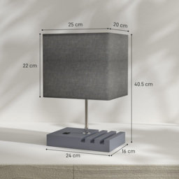 HOMCOM Bedside Lamp with USB A+C Charging Ports and 3 Phone Stands, Modern Table Lamp with Solid Wood Base and Fabric Shade for Bedroom Living Room Office, E27 Socket, Bulb Not Included, Grey - thumbnail 3