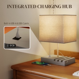 HOMCOM Bedside Lamp with USB A+C Charging Ports and 3 Phone Stands, Modern Table Lamp with Solid Wood Base and Fabric Shade for Bedroom Living Room Office, E27 Socket, Bulb Not Included, Grey - thumbnail 4