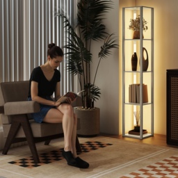 HOMCOM Floor Lamp with Shelves and 3 Brightness Levels - Oak - thumbnail 9