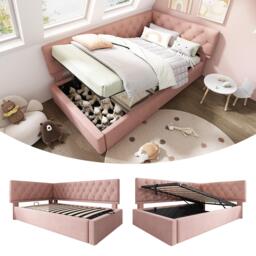 Stylish Upholstered Daybed with Hydraulic Ottoman Storage, L-Shaped Single Sofa Bed with Velvet Fabric, 196L x 100W x 77H cm, Pink - Aosom UK - thumbnail 8