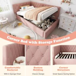 Stylish Upholstered Daybed with Hydraulic Ottoman Storage, L-Shaped Single Sofa Bed with Velvet Fabric, 196L x 100W x 77H cm, Pink - Aosom UK - thumbnail 6