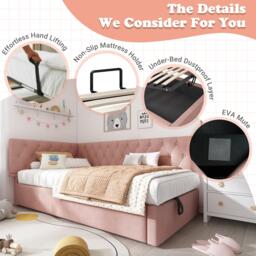Stylish Upholstered Daybed with Hydraulic Ottoman Storage, L-Shaped Single Sofa Bed with Velvet Fabric, 196L x 100W x 77H cm, Pink - Aosom UK - thumbnail 7