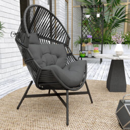 Outsunny Standing Rattan Egg Chair Outdoor, Oversized Wicker Garden Egg Chair with Thick Tufted Cushion, Headrest, Steel Frame, Charcoal Grey - thumbnail 9