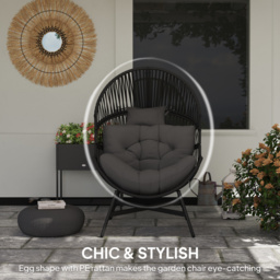 Outsunny Standing Rattan Egg Chair Outdoor, Oversized Wicker Garden Egg Chair with Thick Tufted Cushion, Headrest, Steel Frame, Charcoal Grey - thumbnail 4