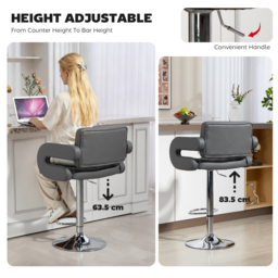 HOMCOM PU Leather Upholstered Swivel Bar Stool, Height Adjustable with Back, Armrest, Footrest, Grey - thumbnail 4