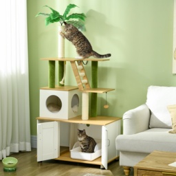PawHut Cat Tree w/ Hidden Litter Box Enclosure, 2 in 1 Green Leaf Cat Tower Litter Box Furniture w/ House, Ladder, Scratching Posts - Aosom UK - thumbnail 2