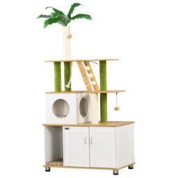 PawHut Cat Tree w/ Hidden Litter Box Enclosure, 2 in 1 Green Leaf Cat Tower Litter Box Furniture w/ House, Ladder, Scratching Posts - Aosom UK