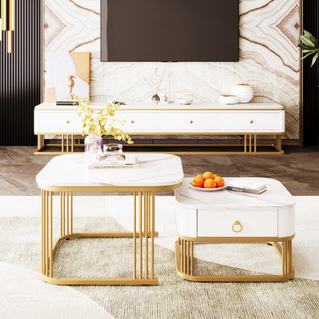 Set of 2 Modern Square Coffee Table with High-Gloss Tabletops, Marble Side Table for Living Room, Bedroom, 60x60x42 cm+50x50x33.5 cm, White - Aosom.UK - image 1