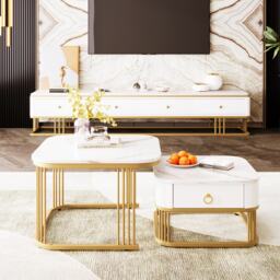Set of 2 Modern Square Coffee Table with High-Gloss Tabletops, Marble Side Table for Living Room, Bedroom, 60x60x42 cm+50x50x33.5 cm, White - Aosom.UK